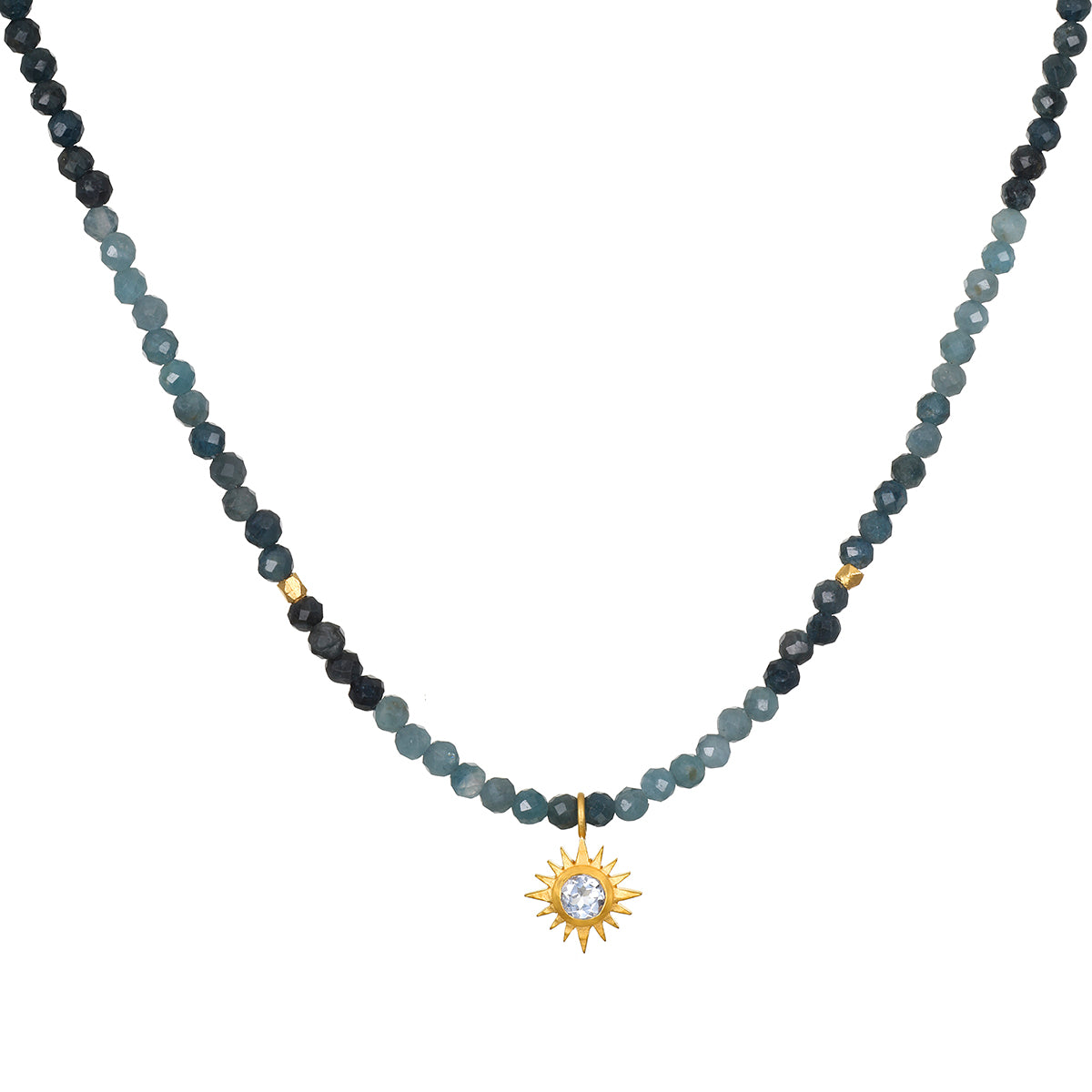 Channeling Wisdom Sapphire Starburst Beaded Choker, a beautiful piece of spiritual jewelry featuring delicate sapphire beads and an 18kt gold plated starburst pendant. Ideal for meditation and as a talisman, this choker embodies the essence of zodiac symbolism, protection, and meaningful manifestation in your yoga and spiritual practices.