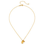 Gold chain necklace with rectangular moonstone bezel pendant and adjustable clasp.