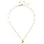 Gold chain necklace with lotus and pearl pendant charms at the bottom and adjustable clasp closure.