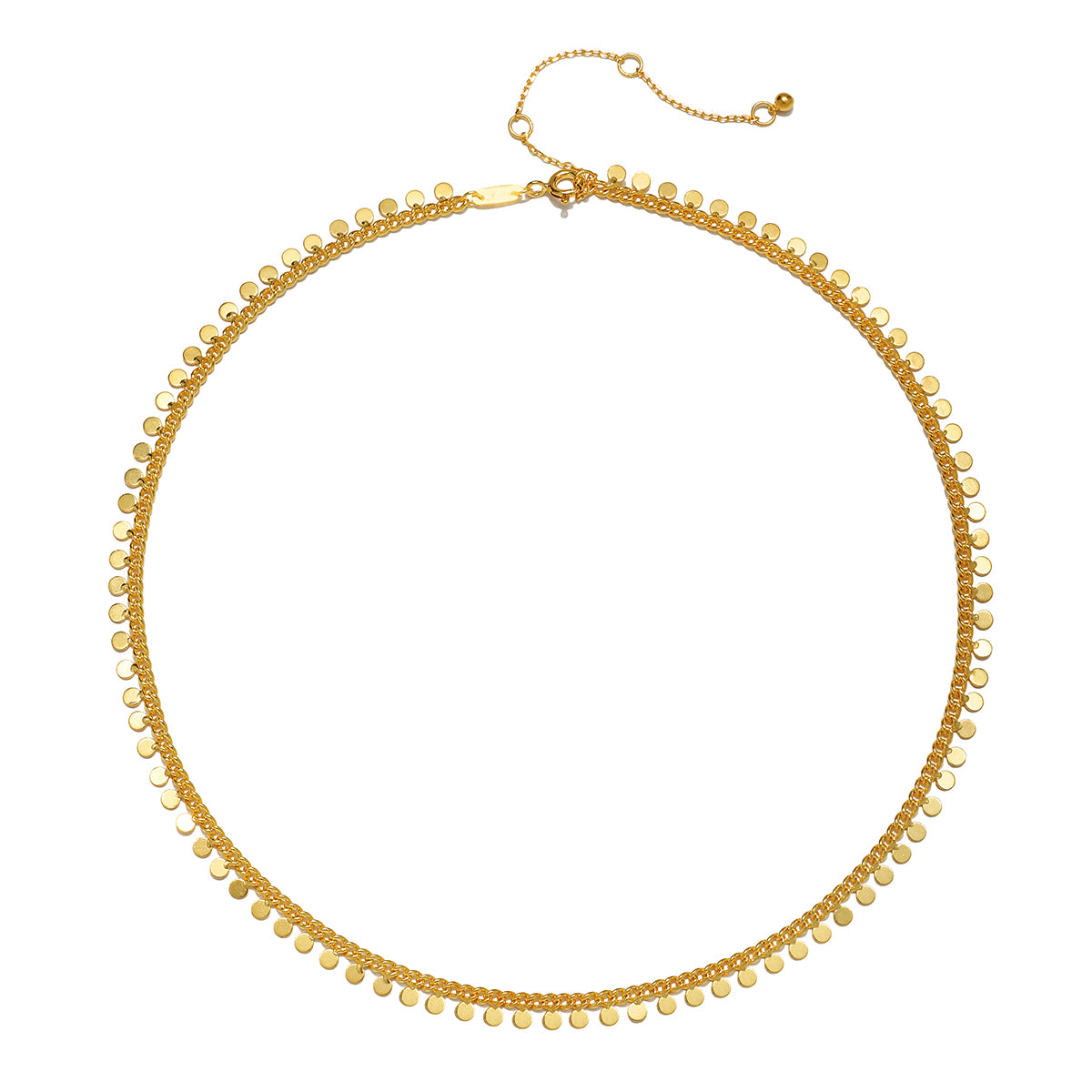The Shine a Light Coin Chain Necklace laid flat, displaying its intricate coin detail. This piece is a perfect addition to anyone's spiritual wardrobe, representing meaning and protection in meditation.