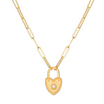 Love Everlasting Padlock Heart Necklace featuring a heart-shaped padlock charm adorned with a sparkling white topaz, representing spiritual jewelry and a meaningful talisman for love and manifestation.