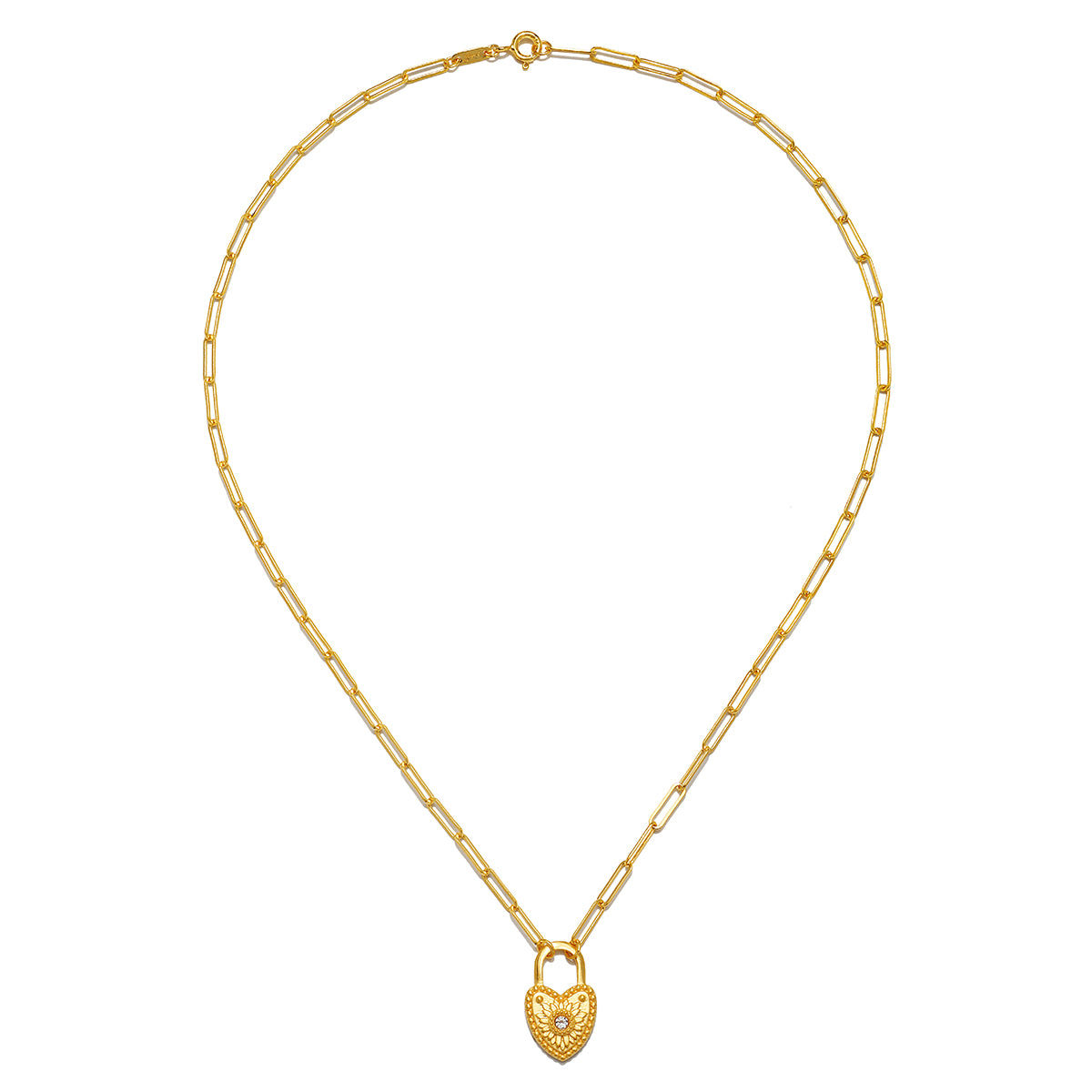 The Love Everlasting Padlock Heart Necklace displayed elegantly, showcasing its heart-shaped charm with white topaz on a delicate chain. This necklace embodies the essence of spiritual jewelry, making it a beautiful talisman for yoga and meditation.