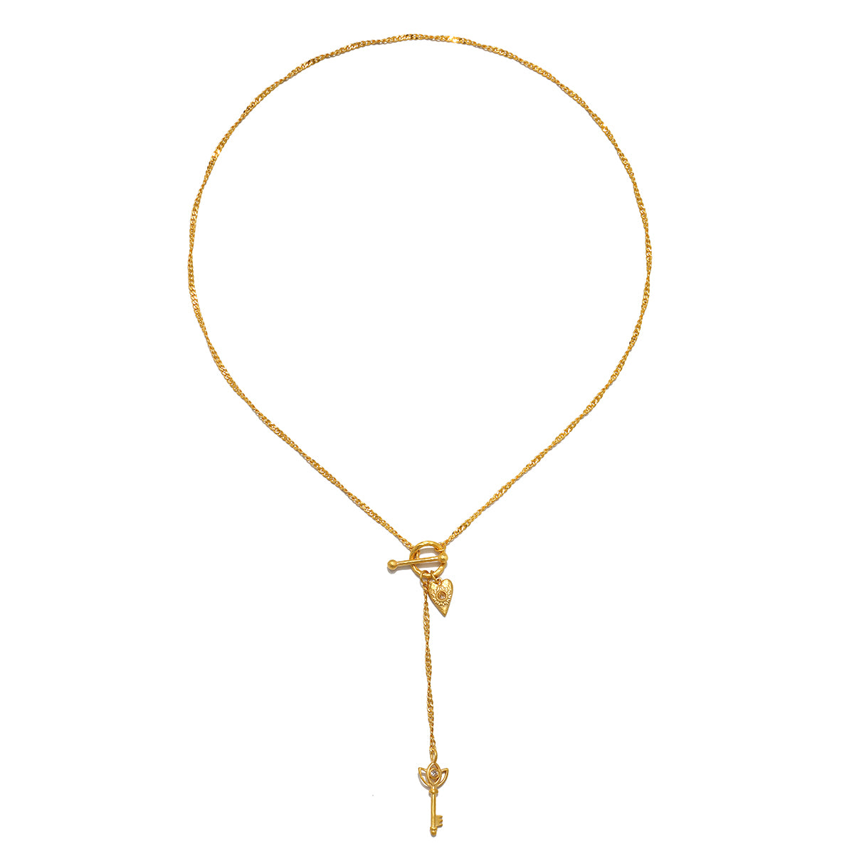 The Promise to Love Heart Key Lariat Necklace displayed elegantly, featuring a delicate gold chain with heart and key pendant, representing meaningful love and positivity, ideal for spiritual connection and meditation, enhancing one’s zodiac energy and manifestation.