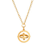 Infinite Devotion White Topaz Spinner Mandala Necklace featuring a gold-plated design, symbolizing spiritual jewelry and meditation, ideal as a talisman for zodiac signs and meaningful for protection and manifestation during yoga practices.