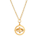Infinite Devotion White Topaz Spinner Mandala Necklace featuring a gold-plated design, symbolizing spiritual jewelry and meditation, ideal as a talisman for zodiac signs and meaningful for protection and manifestation during yoga practices.