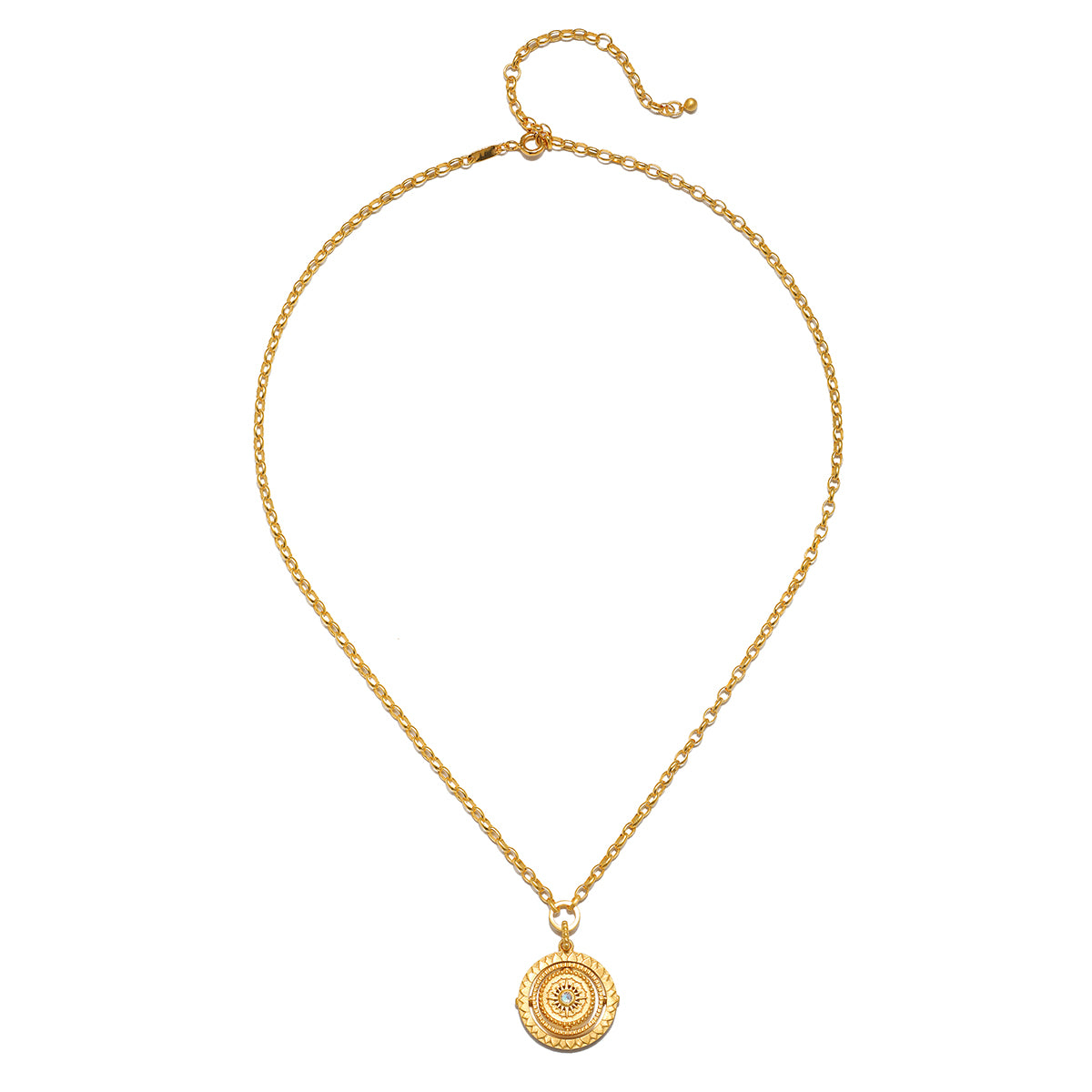 Stunning view of the Infinite Devotion White Topaz Spinner Mandala Necklace showcasing its intricate pendant, representing spirituality, protection, and the essence of the sun and moon, perfect for meditation and meaningful manifestation.