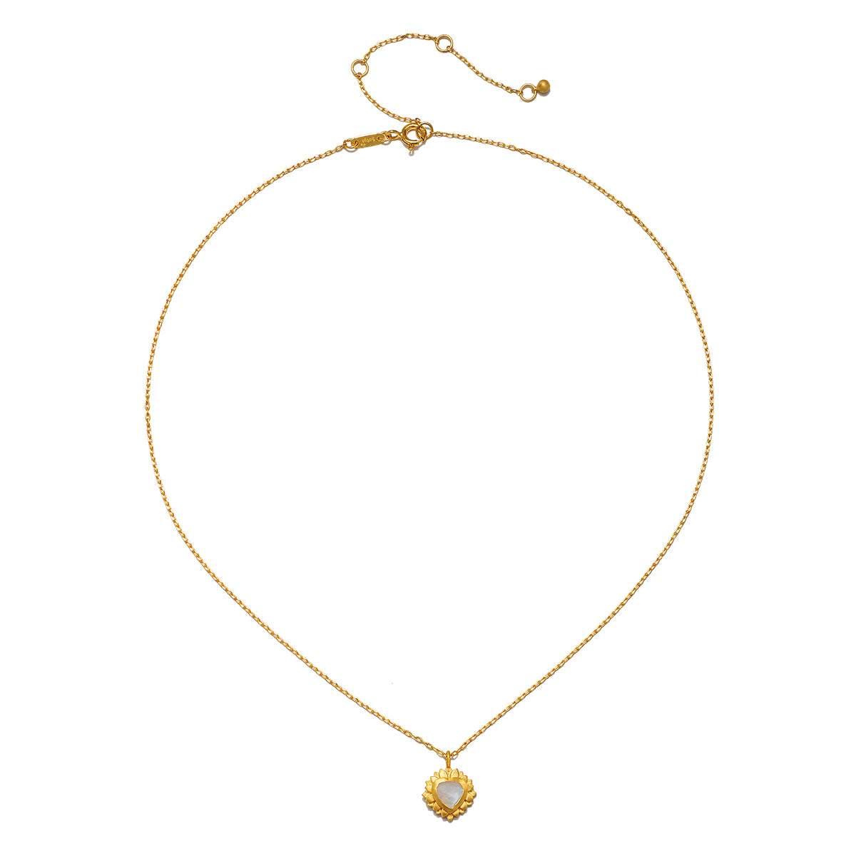 Close-up of the Journey to Love Moonstone Lotus Heart Necklace, highlighting the heart-shaped moonstone pendant. This necklace is a stunning example of spiritual jewelry designed to inspire meditation and symbolizes love and renewal, making it a perfect talisman for meaningful moments and manifestation in daily life.