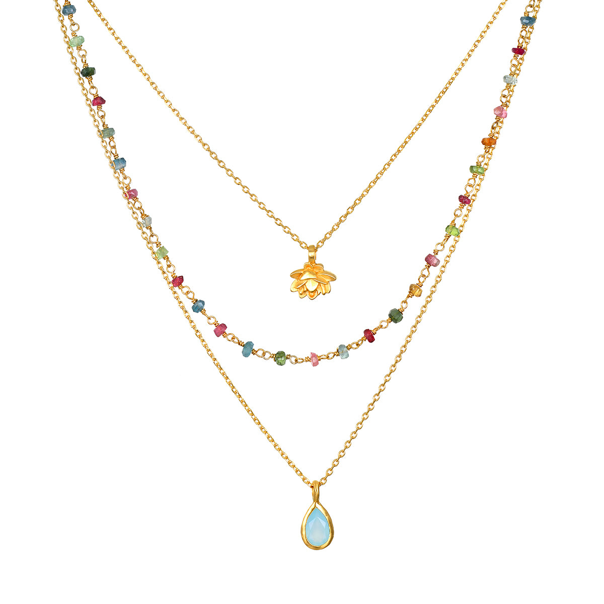 Transformed by Love Tourmaline Agate Lotus Triple Necklace showcasing a delicate design with colorful tourmaline and blue agate stones, perfect for spiritual jewelry enthusiasts seeking meaningful adornments for meditation, yoga, and manifestation.