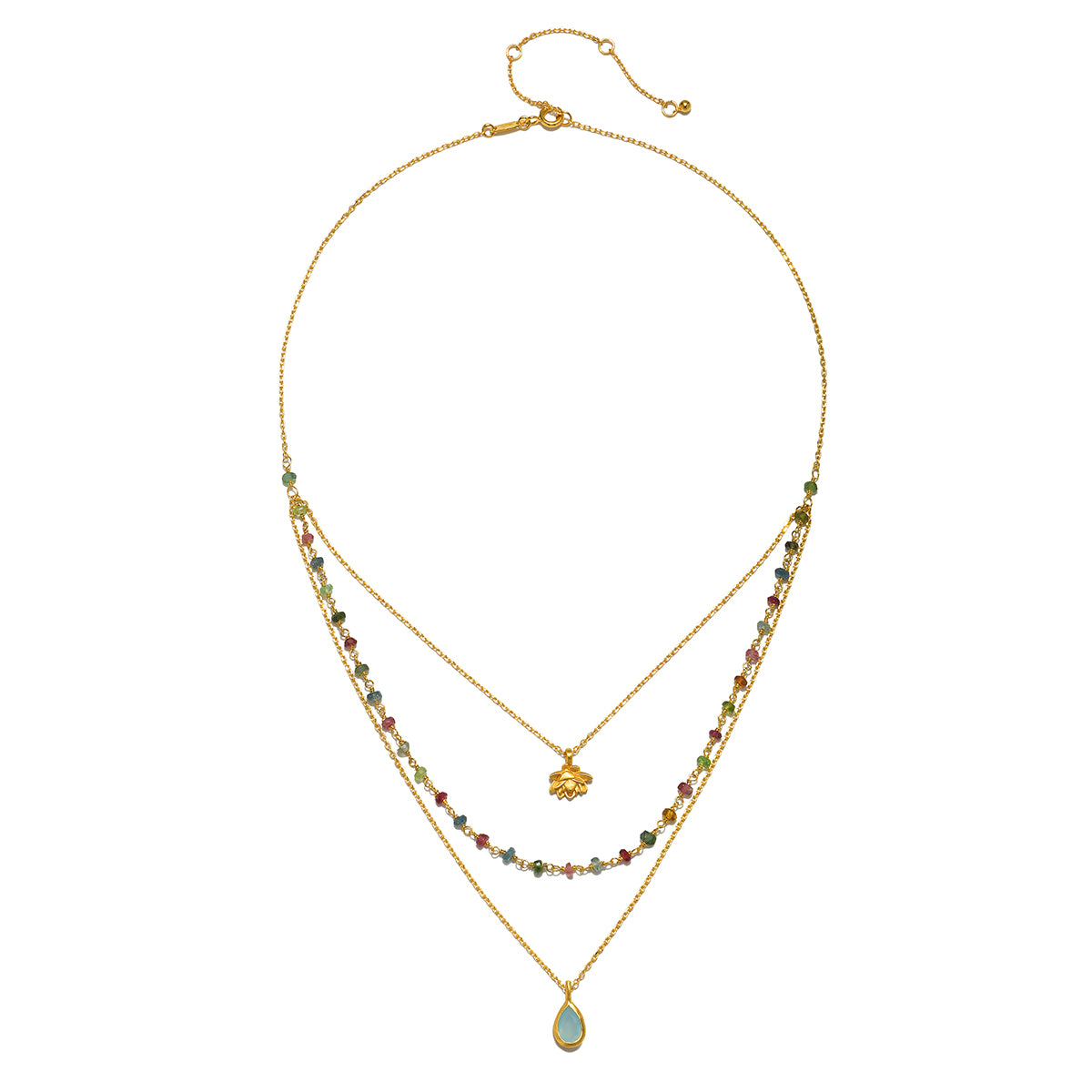 Close-up of the Transformed by Love Tourmaline Agate Lotus Triple Necklace that features an elegant lotus charm atop layered agate and tourmaline stones, perfect for those seeking meaningful spiritual jewelry for protection and manifestation.