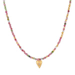 Aligned with Love Pink Tourmaline Heart Choker Necklace featuring a delicate gold heart pendant, perfect for spiritual jewelry, enhancing meditation, and serving as a meaningful talisman for manifestation and protection.