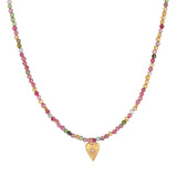 Aligned with Love Pink Tourmaline Heart Choker Necklace featuring a delicate gold heart pendant, perfect for spiritual jewelry, enhancing meditation, and serving as a meaningful talisman for manifestation and protection.