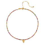 Close-up of the Aligned with Love Pink Tourmaline Heart Choker Necklace showcasing its vibrant gemstones, symbolizing spirituality, and serving as a beautiful talisman for meaningful intentions in your journey.