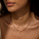 Model wearing the Aligned with Love Pink Tourmaline Heart Choker Necklace, radiating spiritual energy and embodying the meaning of love and creativity, ideal for yoga and meditation enthusiasts.