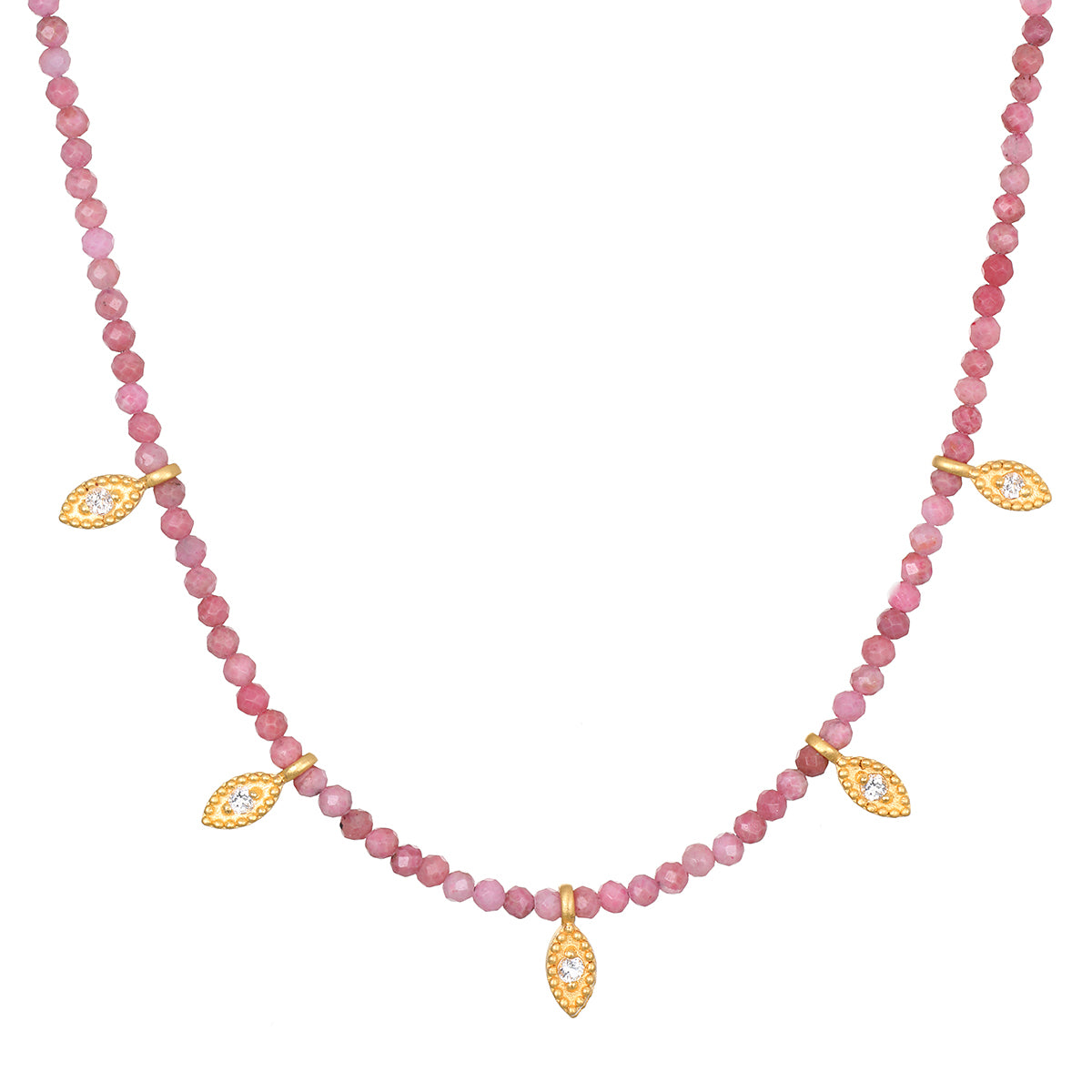 Transformed by Healing Rhodonite Lotus Petal Choker Necklace showcasing resilience, adorned with rhodonite and white topaz, perfect for spiritual jewelry, meditation, and manifestation.