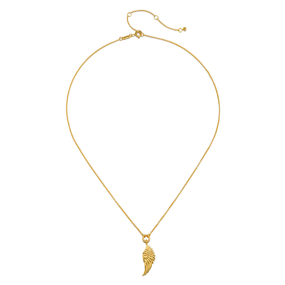 Gold-toned chain necklace with adjustable clasp and wing-shaped pendant hanging at center.