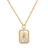 Gold-toned chain necklace with rectangular pendant featuring sun design and crystal center on light blue enamel background.