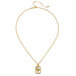 Gold-tone chain necklace with rectangular pendant featuring mother of pearl sun motif and adjustable clasp.