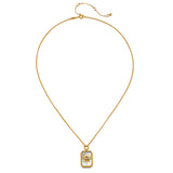 Gold-tone chain necklace with rectangular pendant featuring mother of pearl sun motif and adjustable clasp.