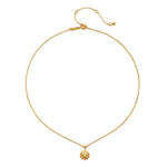 Gold-tone chain necklace with textured round pendant and adjustable clasp.