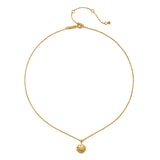 Gold-tone chain necklace with textured round pendant and adjustable clasp.