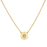 Gold-toned necklace with sun-shaped pendant featuring clear crystal center stone suspended from delicate chain.