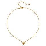 Gold chain necklace with small circular sun pendant set with clear stone at center.