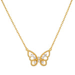 Gold-tone butterfly pendant necklace with clear crystal accents and textured wings on a delicate chain.