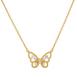 Gold-tone butterfly pendant necklace with clear crystal accents and textured wings on a delicate chain.
