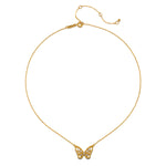 Gold-tone chain necklace with butterfly pendant set with clear crystals and adjustable clasp.