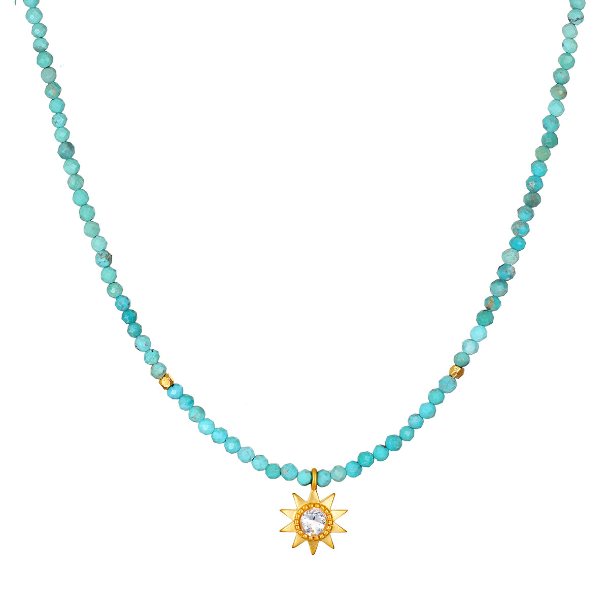 Turquoise bead choker necklace with gold-tone sun pendant featuring a center crystal stone.