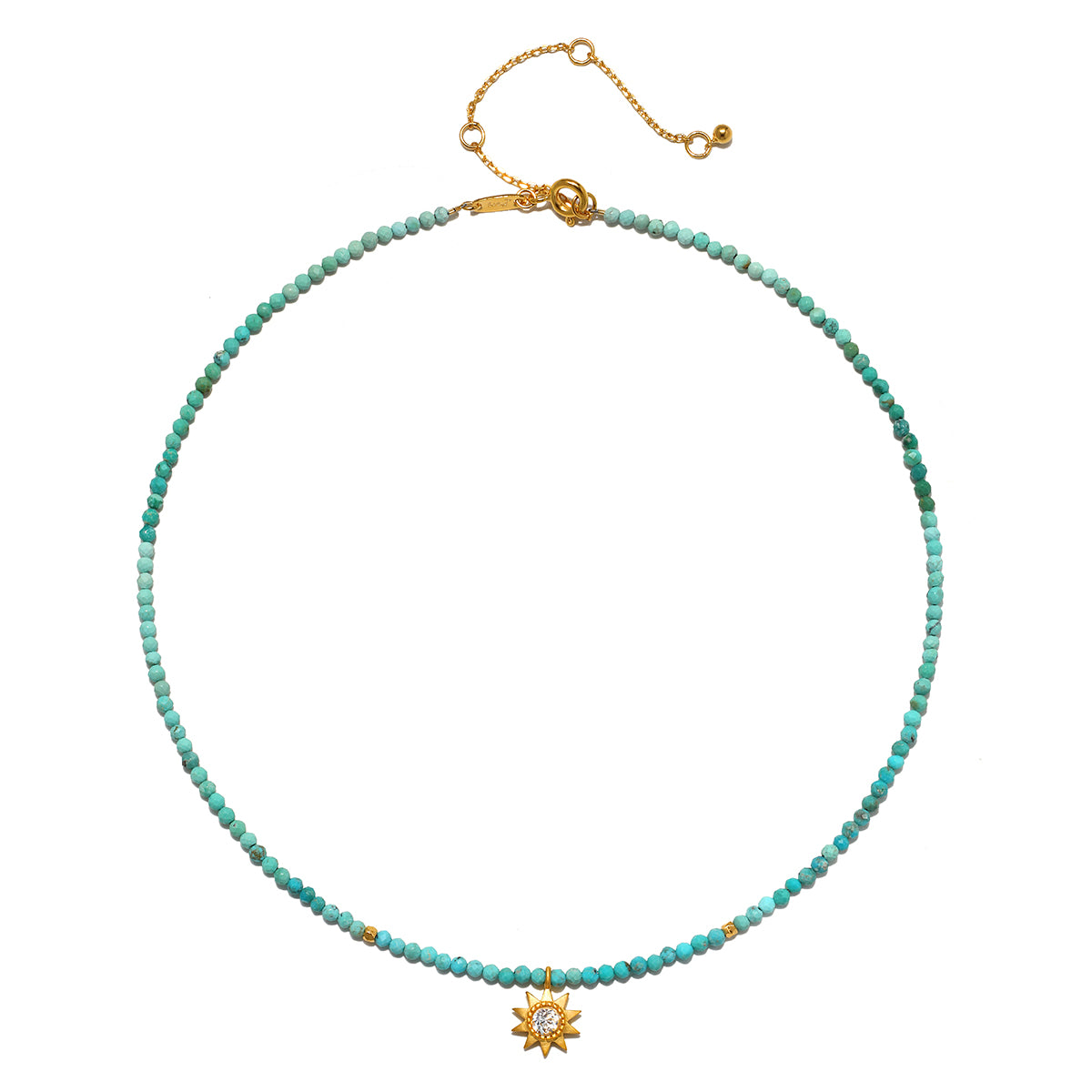 Turquoise beaded choker necklace with gold-tone sun pendant and adjustable chain closure.