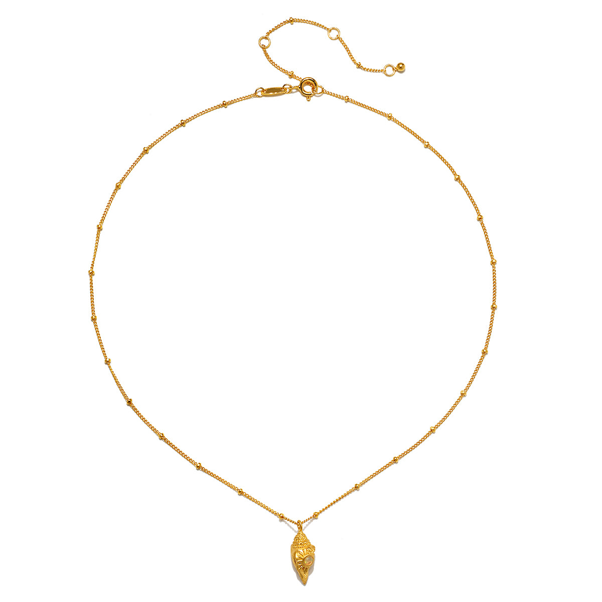 Gold-toned chain necklace with small beaded spacers and a textured conch shell pendant.