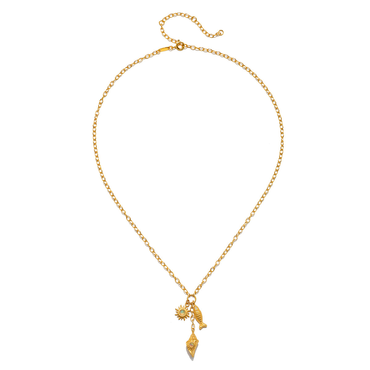 Gold-tone chain necklace with sun, fish, and leaf charm pendants.