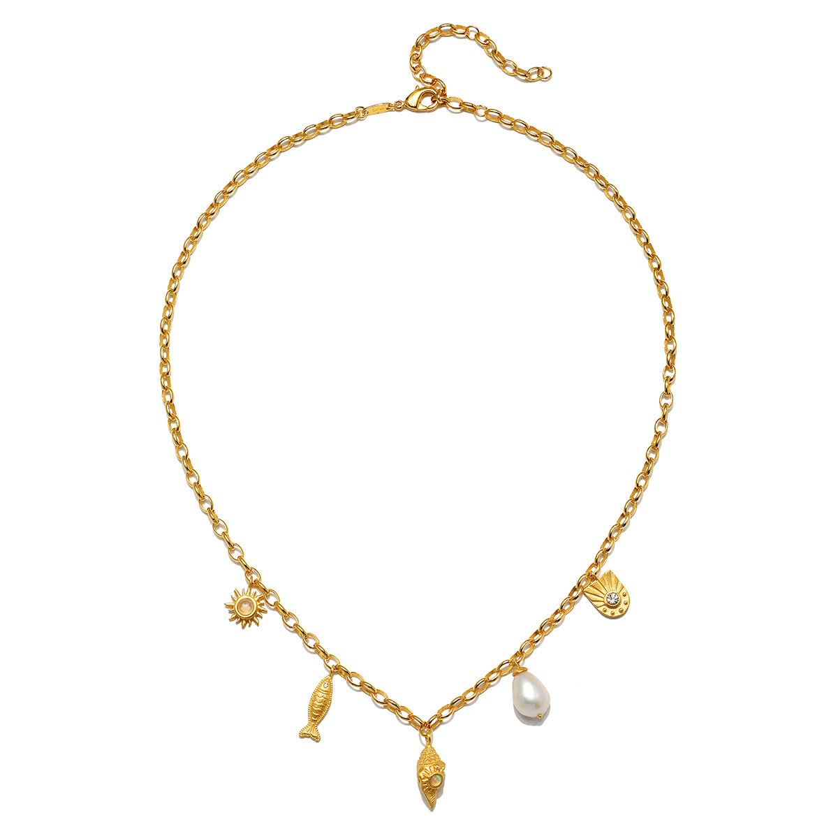 Gold chain necklace with shell, fish, sun, and pearl charms hanging from center.