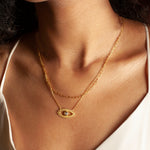 Keeper of Positivity Eye Necklace worn elegantly, featuring an evil eye pendant symbolizing intuition and protection, perfect for adding a touch of spiritual jewelry to your meditation practice and manifestation goals.