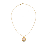 Unlimited Compassion Rose Quartz Gemstone Necklace featuring a beautiful rose quartz pendant on an 18k gold plated chain, perfect for those seeking spiritual jewelry and meaningful talismans for meditation and manifestation.