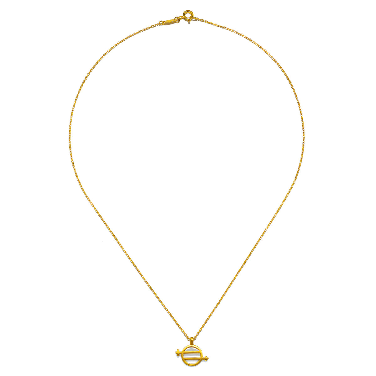 The Equal Means Equal necklace laid out on a plain background, exhibiting its stylish design and glowing gold finish. This protective and meaningful jewelry piece resonates with the essence of spirituality, ideal for yoga enthusiasts and those seeking a powerful amulet of equality.