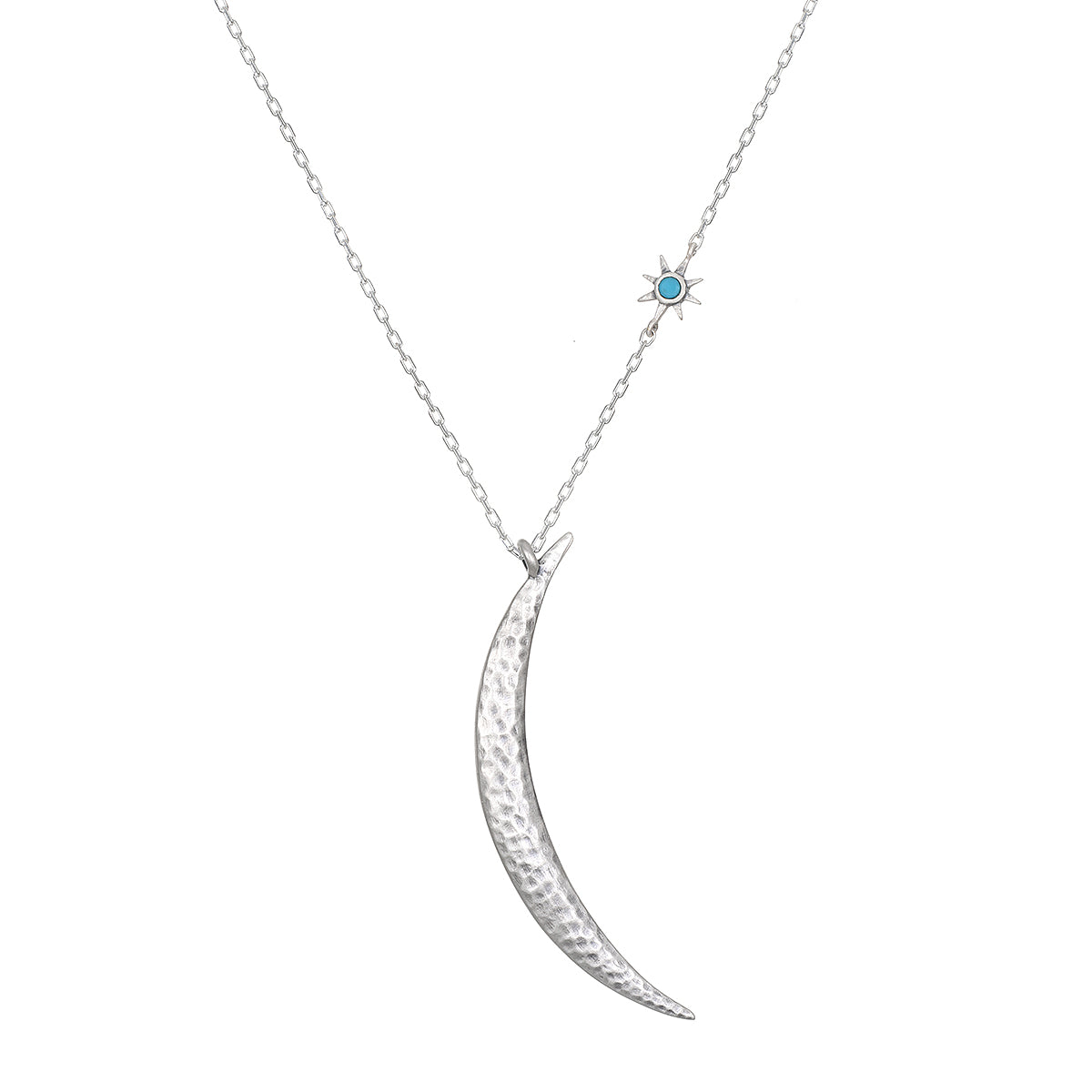 Close-up of the crescent moon necklace from the Inspiration Intention Necklace Set Silver, featuring a turquoise star pendant. This spiritual jewelry embodies the meaning of guidance and inner wisdom, perfect for those seeking encouragement in their yoga and meditation journeys.