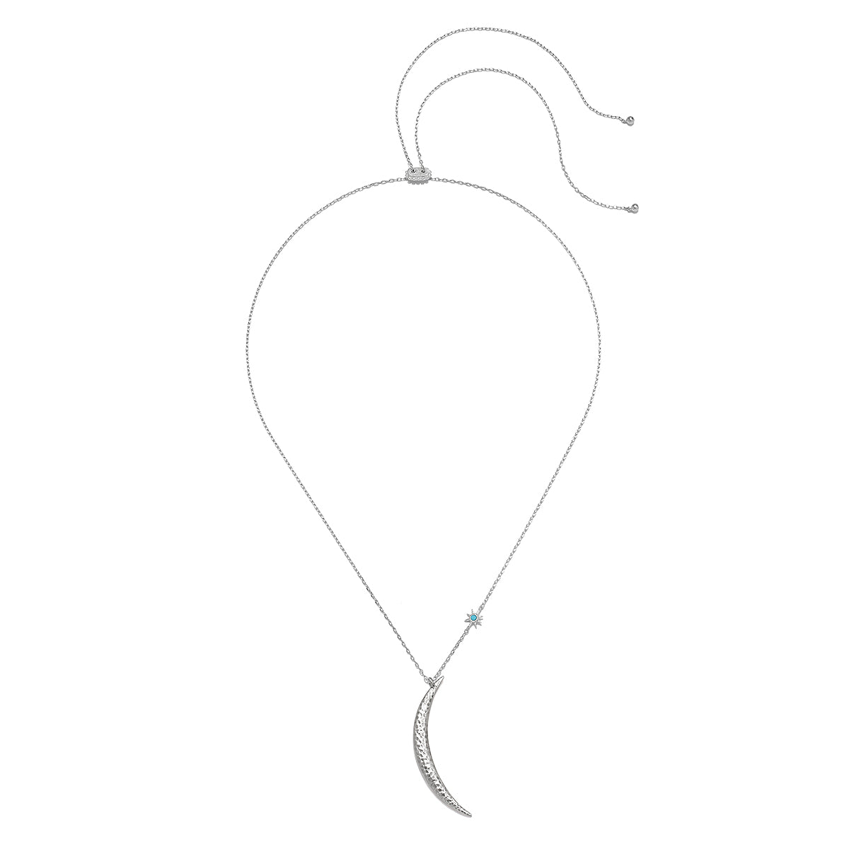 The illuminated crescent moon necklace from the Inspiration Intention Necklace Set Silver displayed with adjustable lengths. This stunning talisman represents nourishment and protection, enhancing your spiritual practices while manifesting creativity and inspiration.