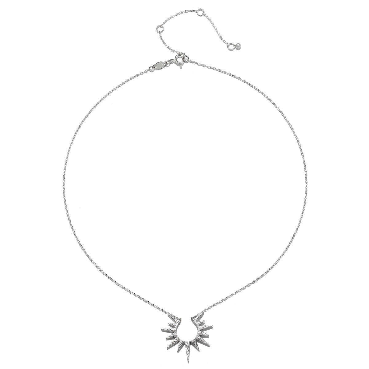 A close-up of the starburst necklace from the Inspiration Intention Necklace Set Silver, showcasing its radiant design in sterling silver. This meaningful piece of spiritual jewelry symbolizes vitality and leadership, ideal for anyone looking to inspire their meditation and intention setting.