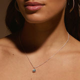 Soul Renewal Silver Lotus Necklace worn elegantly, symbolizing new beginnings and full potential, combining a turquoise stone for health and intuition. Ideal for spiritual jewelry, meditation, and meaningful charms in yoga practices.