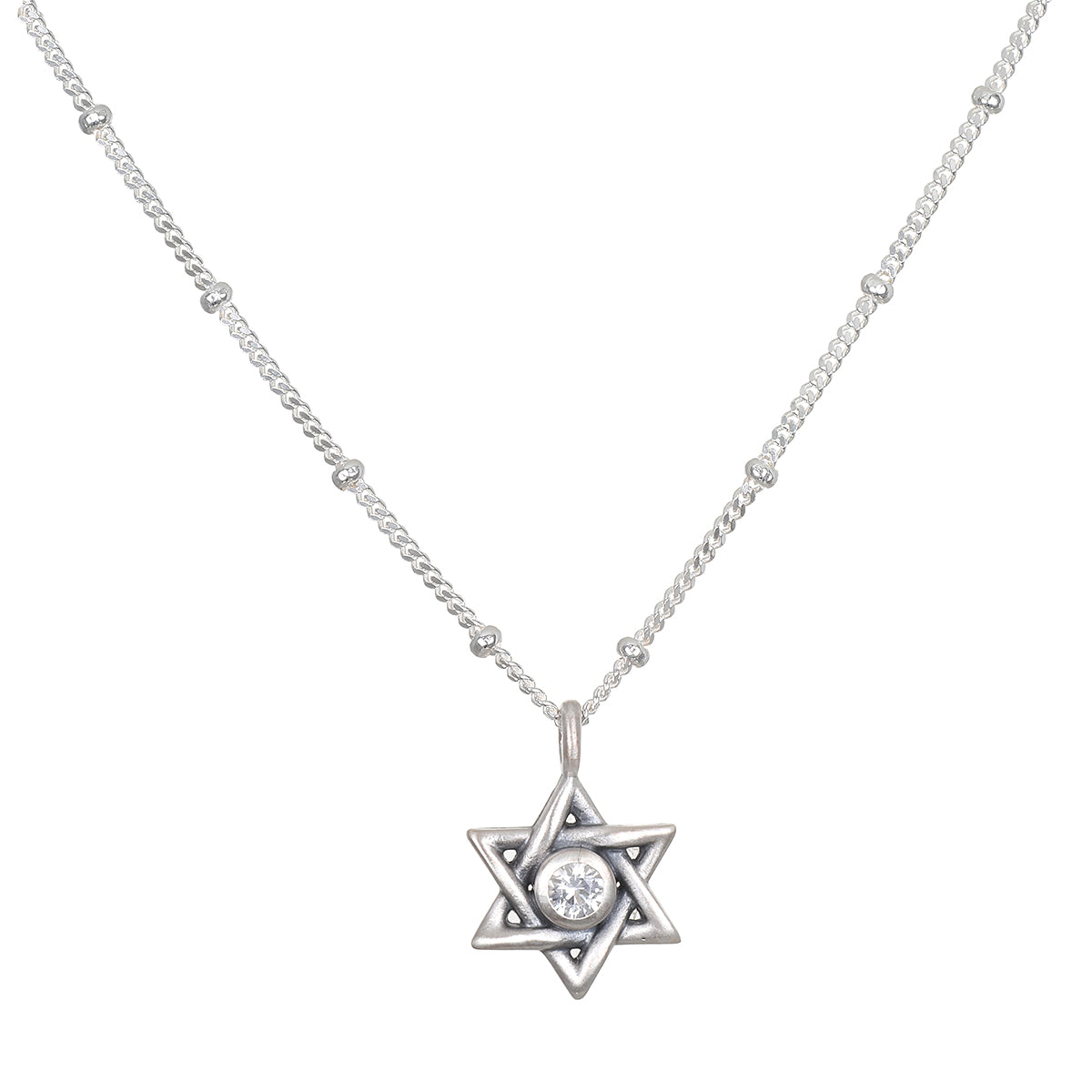 Guiding Faith Silver Star of David Necklace showcased elegantly, featuring a sparkling white topaz at its center. This spiritual jewelry serves as a talisman for protection and meditation, embodying the meaning of faith and connection to the universe. Perfect for yoga practitioners and those seeking meaningful adornments for manifestation.