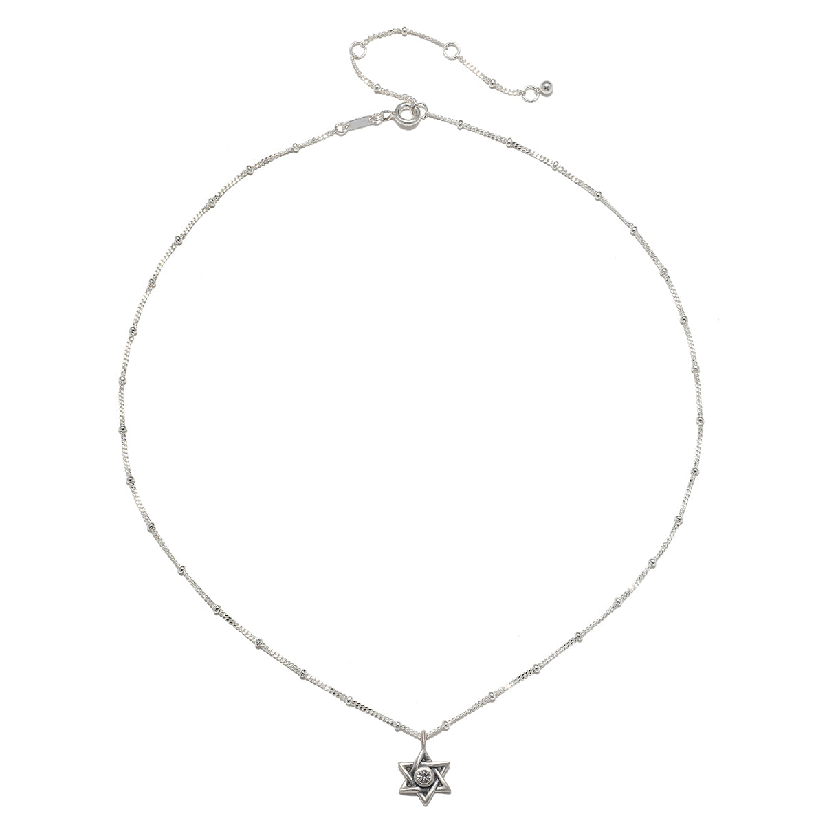 Another view of the Guiding Faith Silver Star of David Necklace, highlighting its delicate chain design. This spiritual piece is more than just jewelry; it represents hope and protection, making it an ideal companion for meditation and reflection on the sun and moon energies in one's life.
