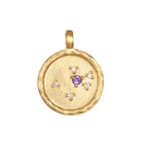 Zodiac Coin Charm featuring an amethyst gemstone, symbolizing spirituality and peace, a beautiful piece of spiritual jewelry perfect for meditation and manifestation.