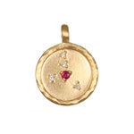 Zodiac Coin Charm featuring a ruby gemstone, symbolizing passion and integrity, perfect for spiritual jewelry and meditation. Ideal as a talisman for zodiac enthusiasts, offering protection and meaning in yoga and manifestation practices.