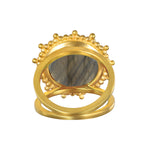 Pursue Your Truth Labradorite Ring featuring a stunning faceted labradorite stone, symbolizing imagination, perseverance, and truth, cradled by 18kt gold plate sun rays. This spiritual jewelry piece is perfect for meditation and serves as a meaningful talisman for manifestation and protection during yoga practices.