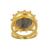 Pursue Your Truth Labradorite Ring featuring a stunning faceted labradorite stone, symbolizing imagination, perseverance, and truth, cradled by 18kt gold plate sun rays. This spiritual jewelry piece is perfect for meditation and serves as a meaningful talisman for manifestation and protection during yoga practices.
