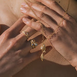 Gold ring with multi-colored gemstone cluster and matching pendant necklace worn on hand.