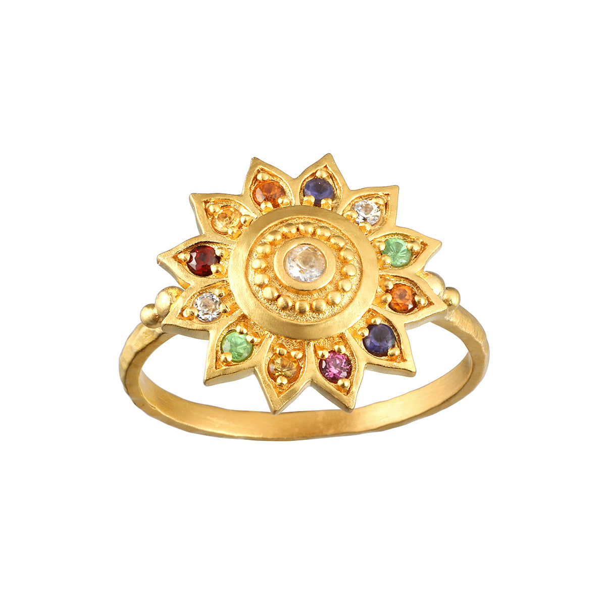 Vibrant Self Multi Stone Lotus Ring showcasing a brilliant lotus design with vibrant gemstones, perfect for enhancing spiritual growth, meditation, and meaningful self-expression. Ideal for wearing during yoga, as a talisman, or for manifestation, this piece embodies spiritual jewelry with its protection charm.