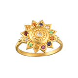 Vibrant Self Multi Stone Lotus Ring showcasing a brilliant lotus design with vibrant gemstones, perfect for enhancing spiritual growth, meditation, and meaningful self-expression. Ideal for wearing during yoga, as a talisman, or for manifestation, this piece embodies spiritual jewelry with its protection charm.